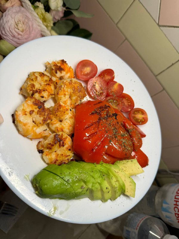 Grilled Shrimp With Roasted Red Pepper, Avocado, And Cherry Tomatoes