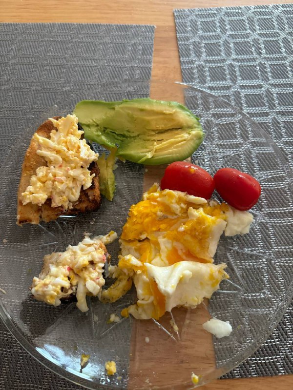 The Dish Appears To Be A Plate With Scrambled Eggs, Avocado, Tomatoes, And A Slice Of Toast, Potentially With Some Spread Such As Mayonnaise Or Similar.
