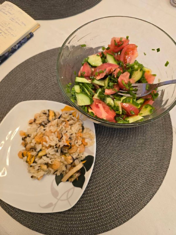 Mixed Vegetable And Seafood Risotto With Cucumber And Tomato Salad