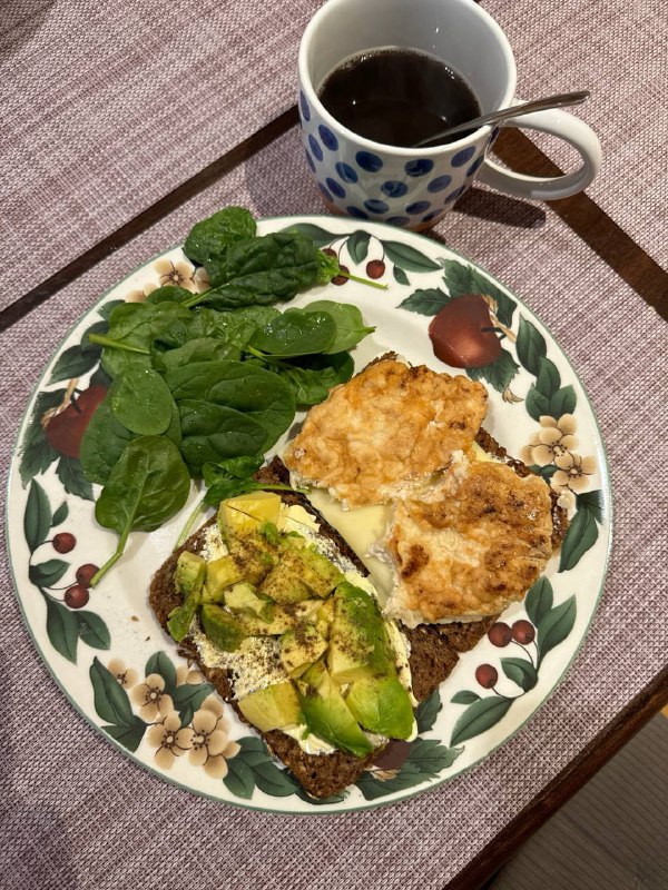 Avocado And Egg Toast With Spinach Salad And Coffee