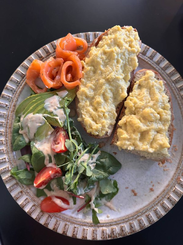 Scrambled Eggs On Toast With Salad