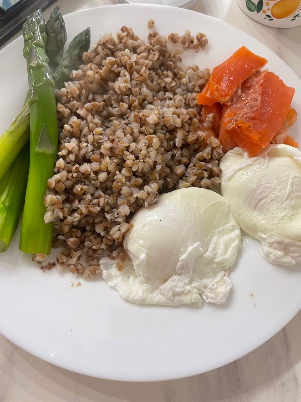 Buckwheat With Poached Eggs, Smoked Salmon, And Asparagus