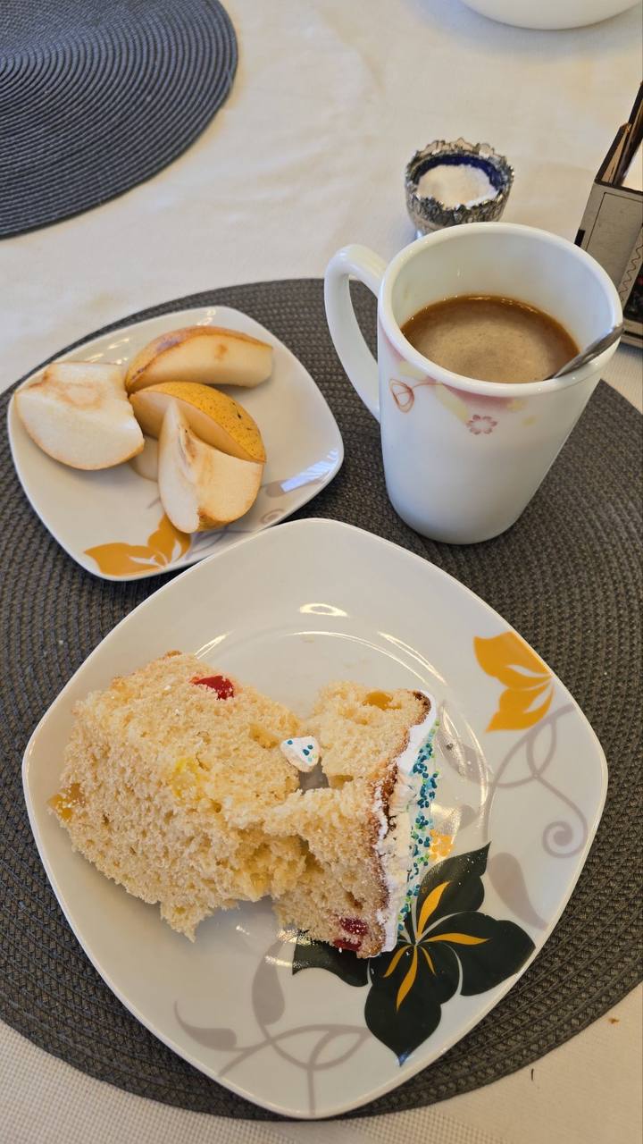 Cake And Coffee With Sliced Pears