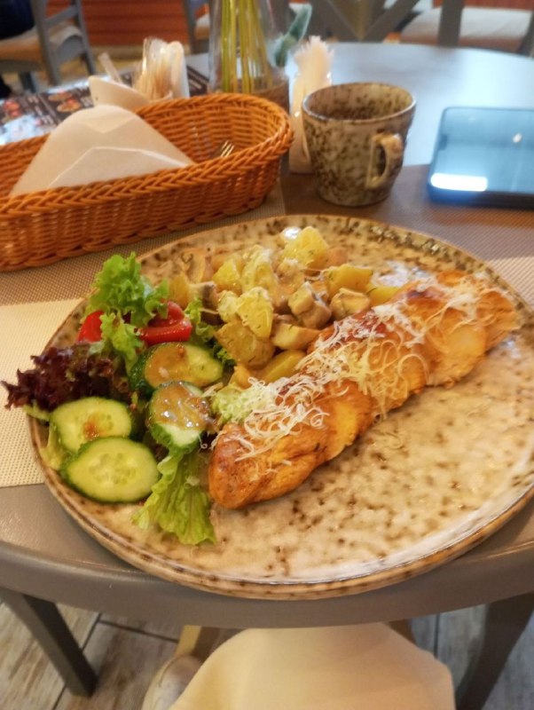 Stuffed Bread With Salad And Potatoes