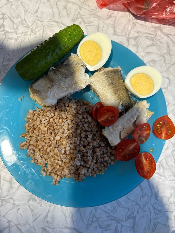 Boiled Fish, Buckwheat, Boiled Eggs, Cucumber And Cherry Tomatoes