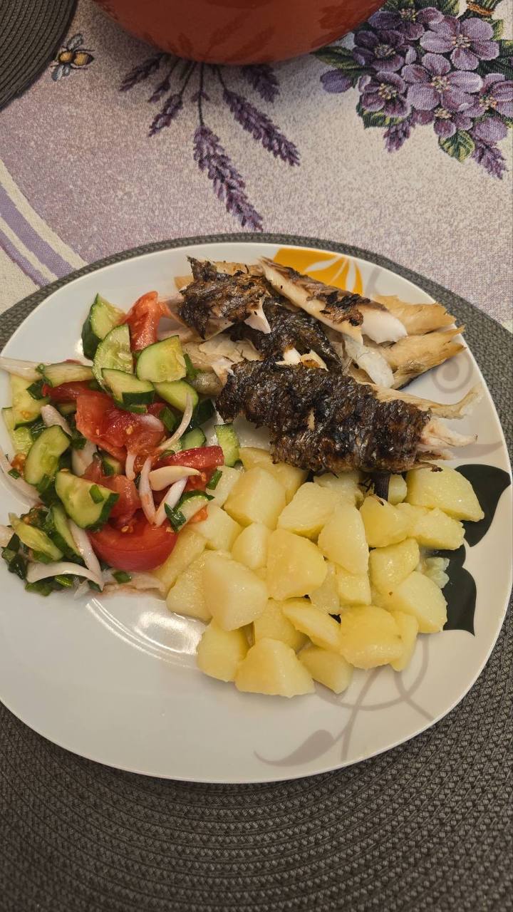 Grilled Fish With Boiled Potatoes And Cucumber-tomato Salad