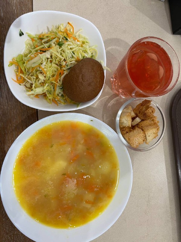 Simple Soup, Salad, Croutons, Rye Bread, Juice