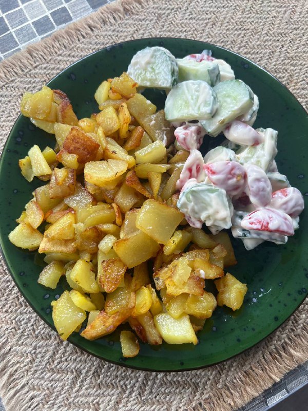Fried Potatoes With Creamy Cucumber And Tomato Salad