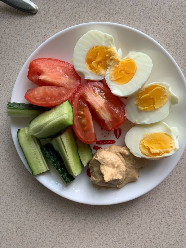 Boiled Eggs With Vegetables And Hummus