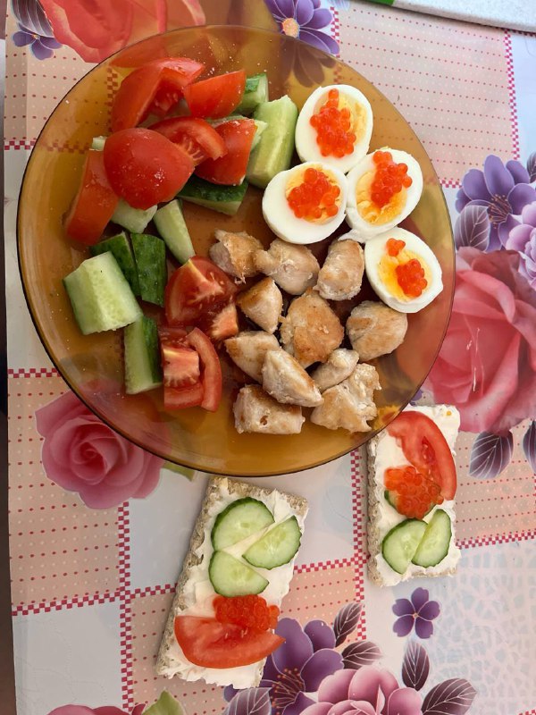 Salad With Chicken, Eggs, Cucumber, And Tomato