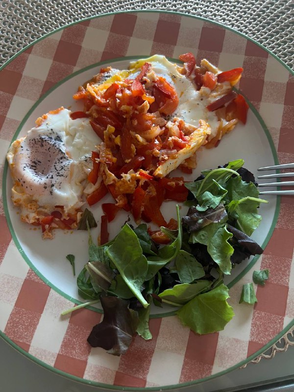 Fried Eggs With Bell Peppers, Tomatoes, And Side Salad