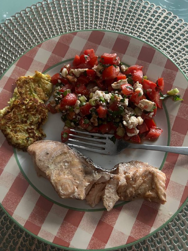 Grilled Salmon with Zucchini Fritters and Tomato Feta Salad