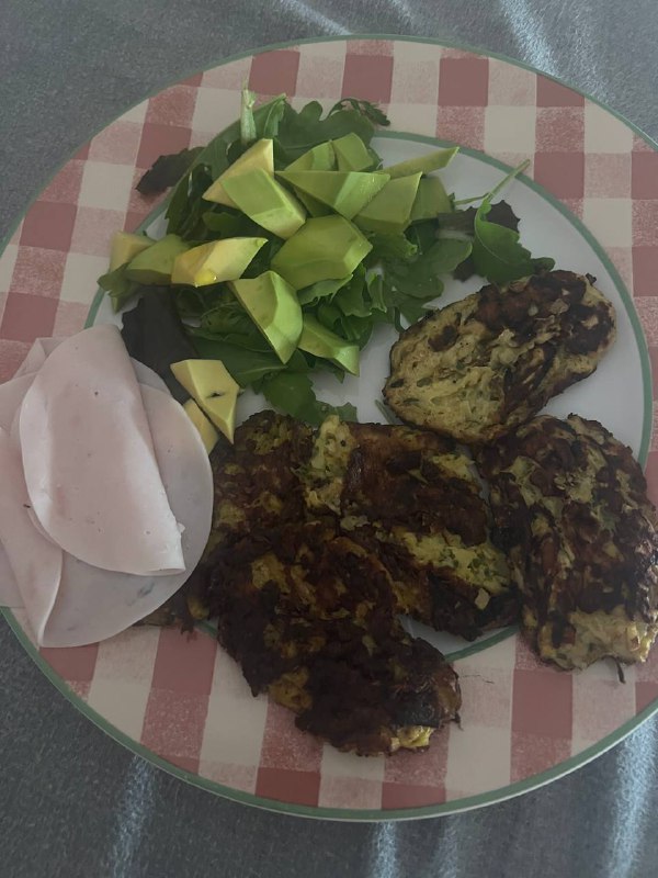 Zucchini Fritters with Sliced Turkey and Avocado Salad