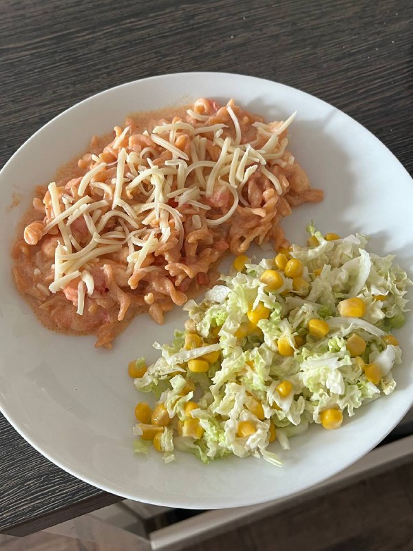 Pasta With Tomato Cream Sauce, Salad, And Shrimp