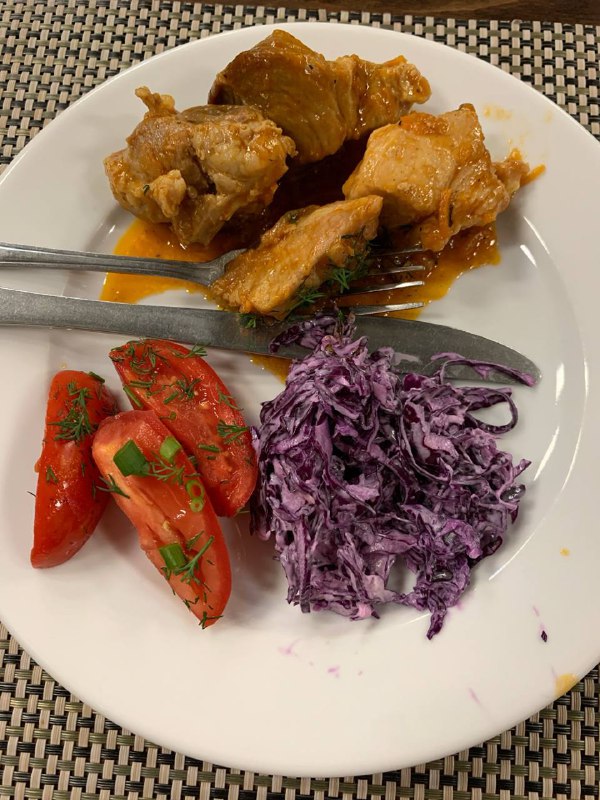 Braised Pork With Purple Cabbage Slaw And Tomato Salad