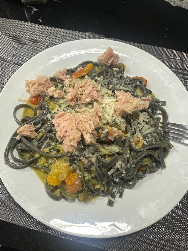 Squid Ink Pasta With Tuna And Vegetables