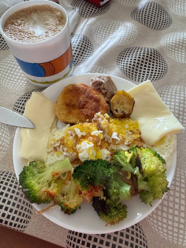 Breakfast Platter With Broccoli, Omelet, Cheese, And Breaded Cutlet