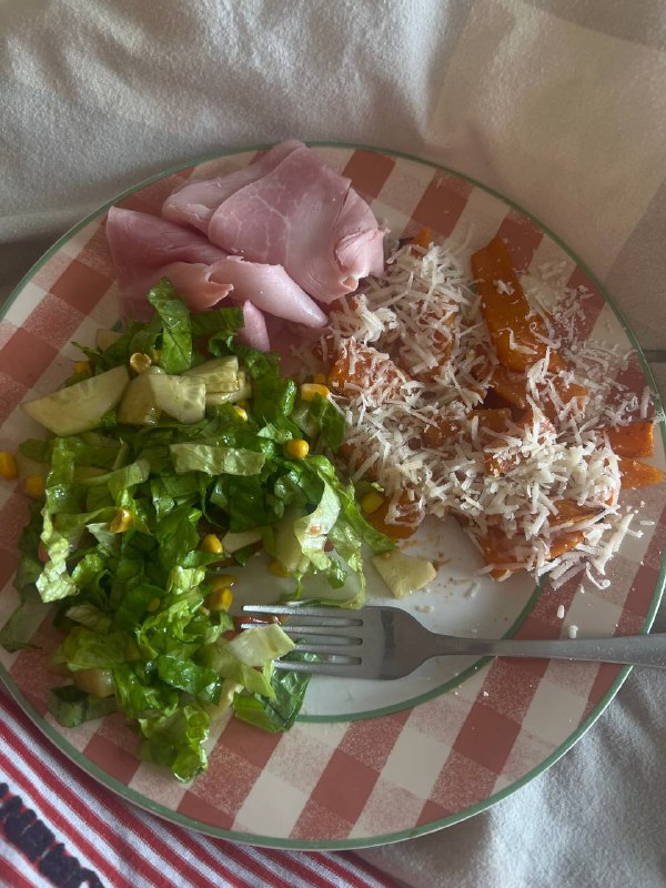 Salad And Ham With Sweet Potato Fries